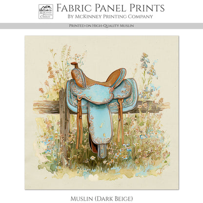 Western Fabric - Cowgirl, Horse, Saddle, Floral, Farm, Turquoise, Rodeo, Ranch, Wall Art, Crafts, Quilt, Block Print, Quilting, Sewing