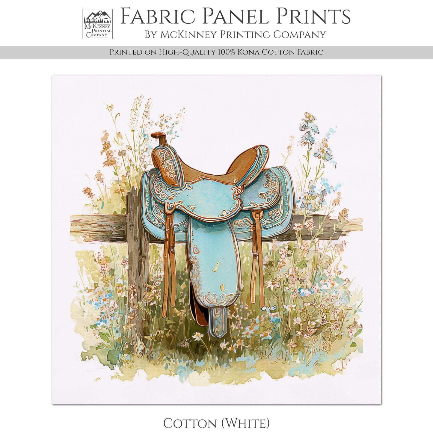 Western Fabric - Cowgirl, Horse, Saddle, Floral, Farm, Turquoise, Rodeo, Ranch, Wall Art, Crafts, Quilt, Block Print, Quilting, Sewing