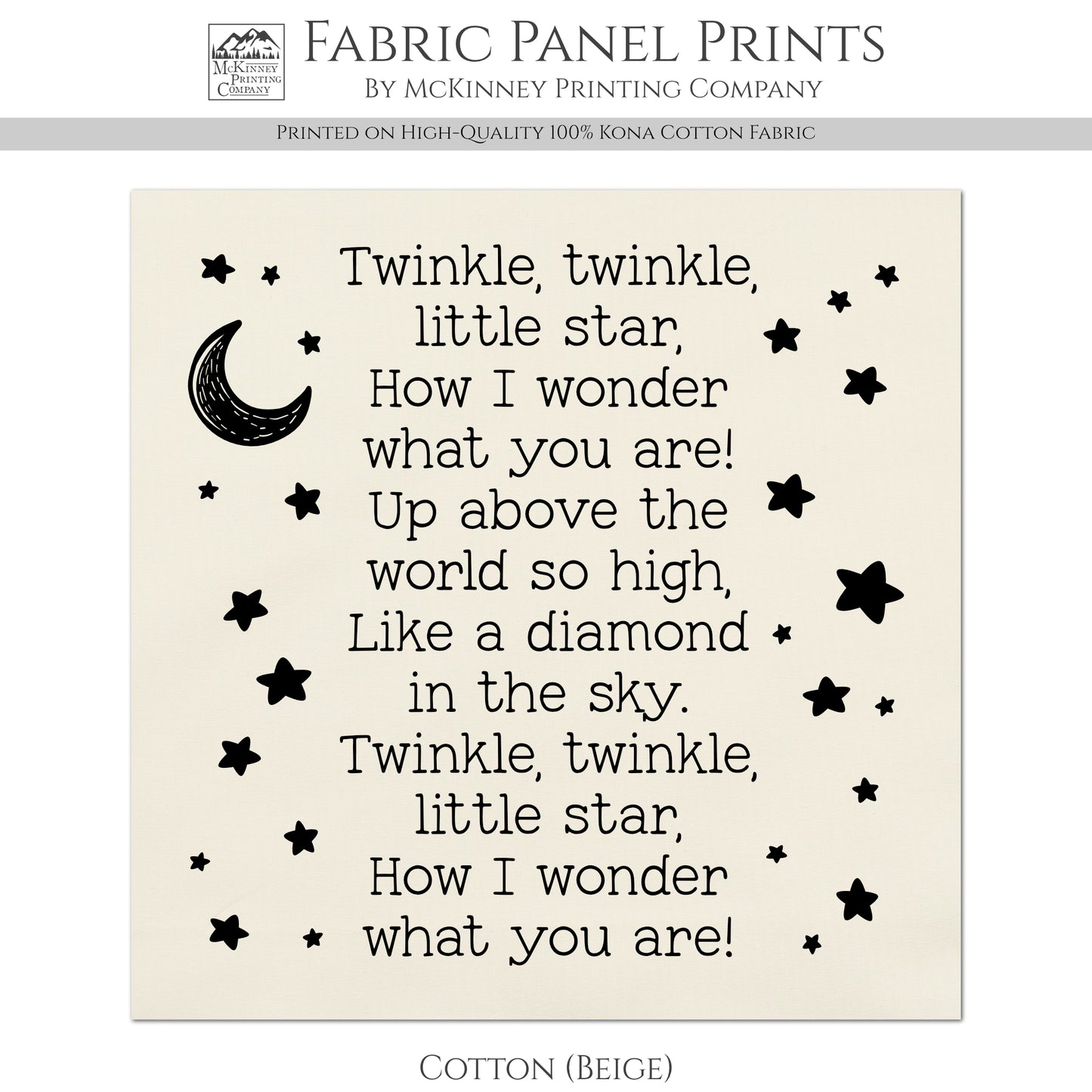 Twinkle Twinkle Little Star - Baby Fabric Panels, Nursery Rhyme, Wall Art, Decor, Cotton, Quilt Block, Baby Blanket, Infant, Sewing, Quilting