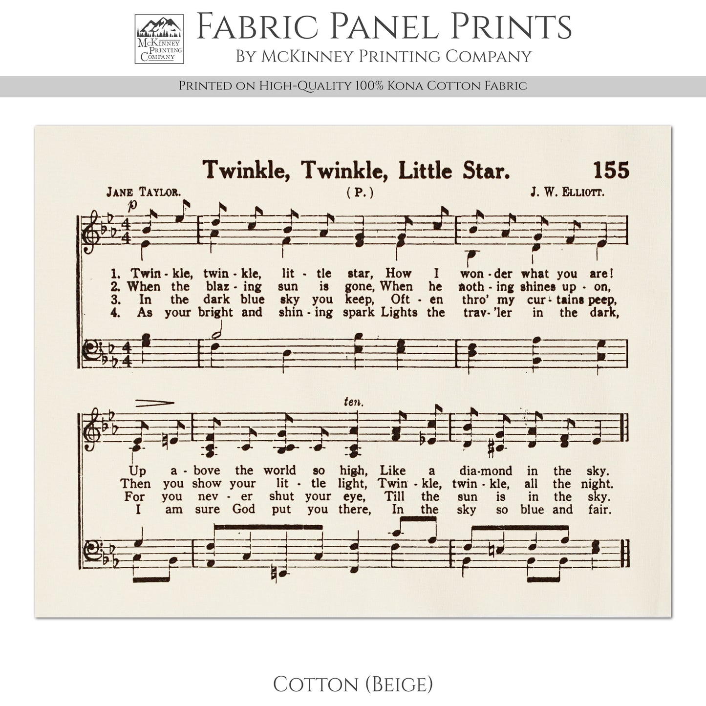 Twinkle Twinkle Little Star - Baby Fabric Panel, Lyrics, Antique Sheet Music, Vintage, Piano, Block Print, Cotton, Quilt, Quilting, Wall Art