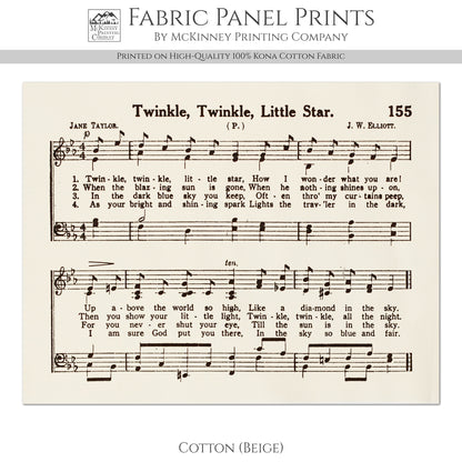 Twinkle Twinkle Little Star - Baby Fabric Panel, Lyrics, Antique Sheet Music, Vintage, Piano, Block Print, Cotton, Quilt, Quilting, Wall Art