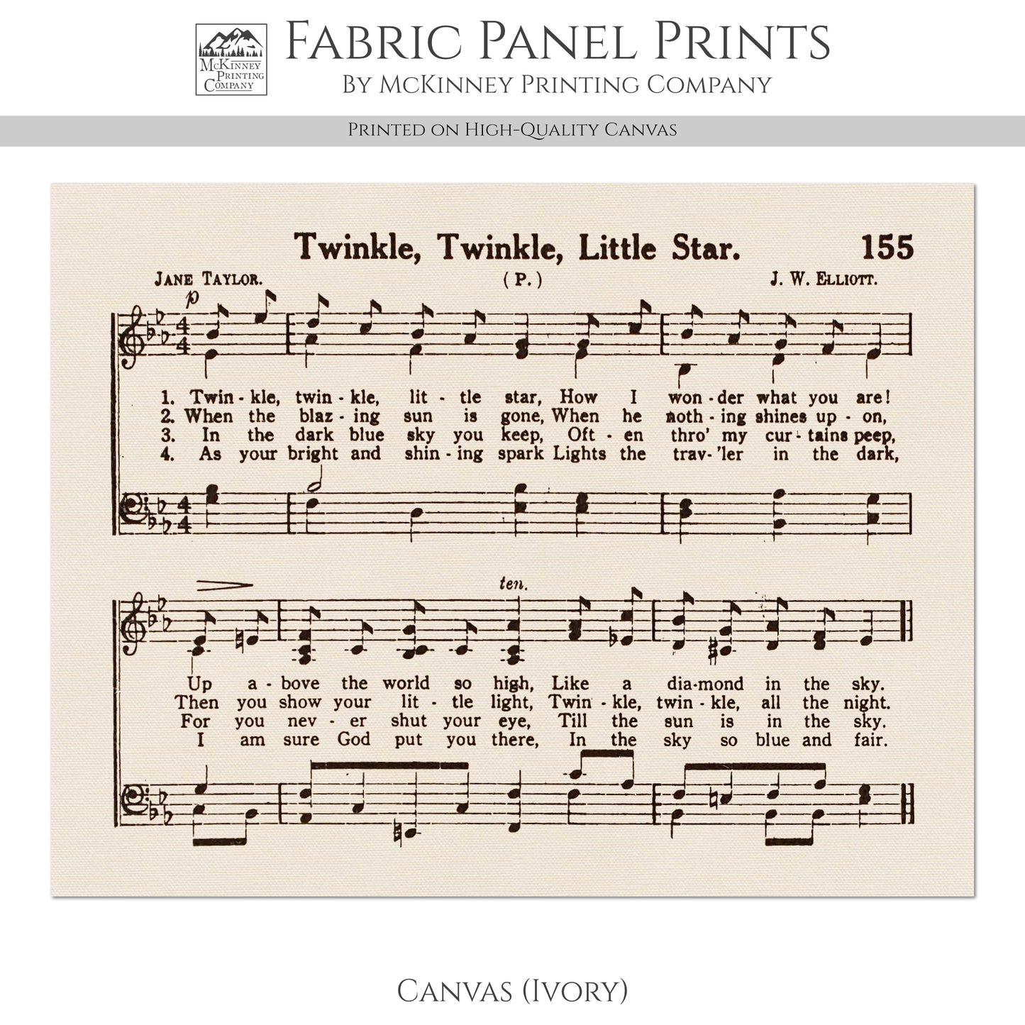 Twinkle Twinkle Little Star - Baby Fabric Panel, Lyrics, Antique Sheet Music, Vintage, Piano, Block Print, Cotton, Quilt, Quilting, Wall Art