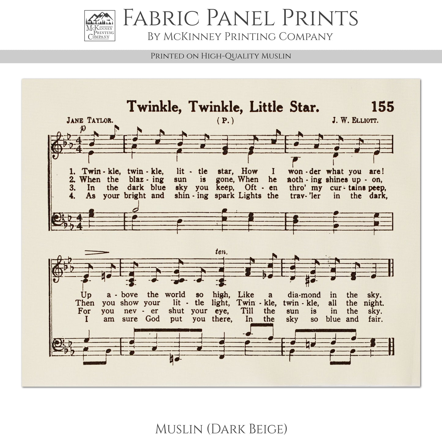 Twinkle Twinkle Little Star - Baby Fabric Panel, Lyrics, Antique Sheet Music, Vintage, Piano, Block Print, Cotton, Quilt, Quilting, Wall Art