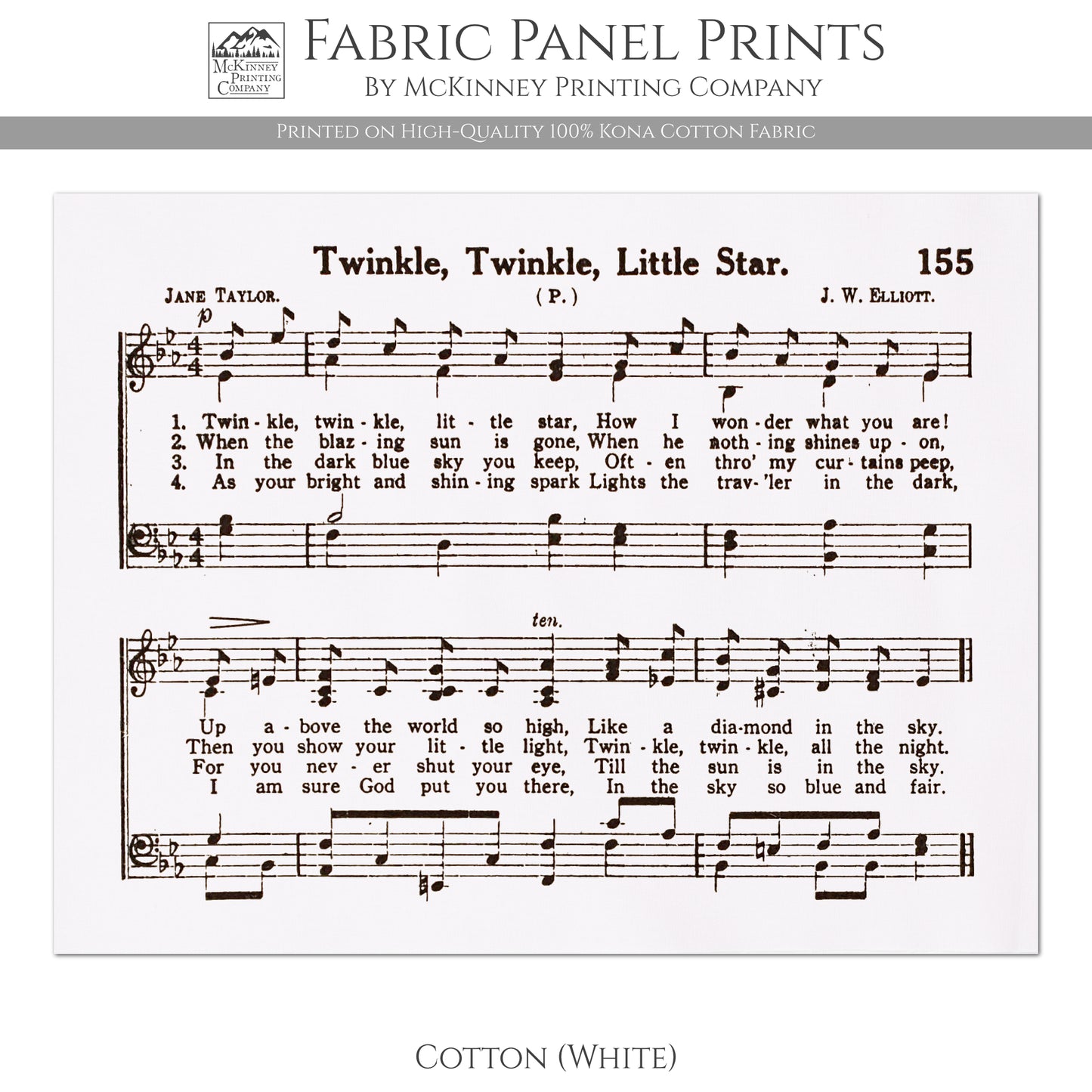 Twinkle Twinkle Little Star - Baby Fabric Panel, Lyrics, Antique Sheet Music, Vintage, Piano, Block Print, Cotton, Quilt, Quilting, Wall Art
