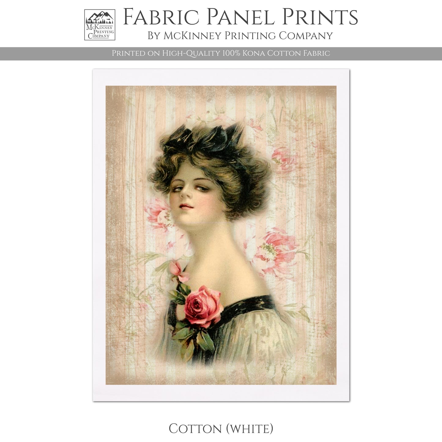 Victorian Decor, Fabric Panel Print, Woman, Portrait, Antique - Kona Cotton, White