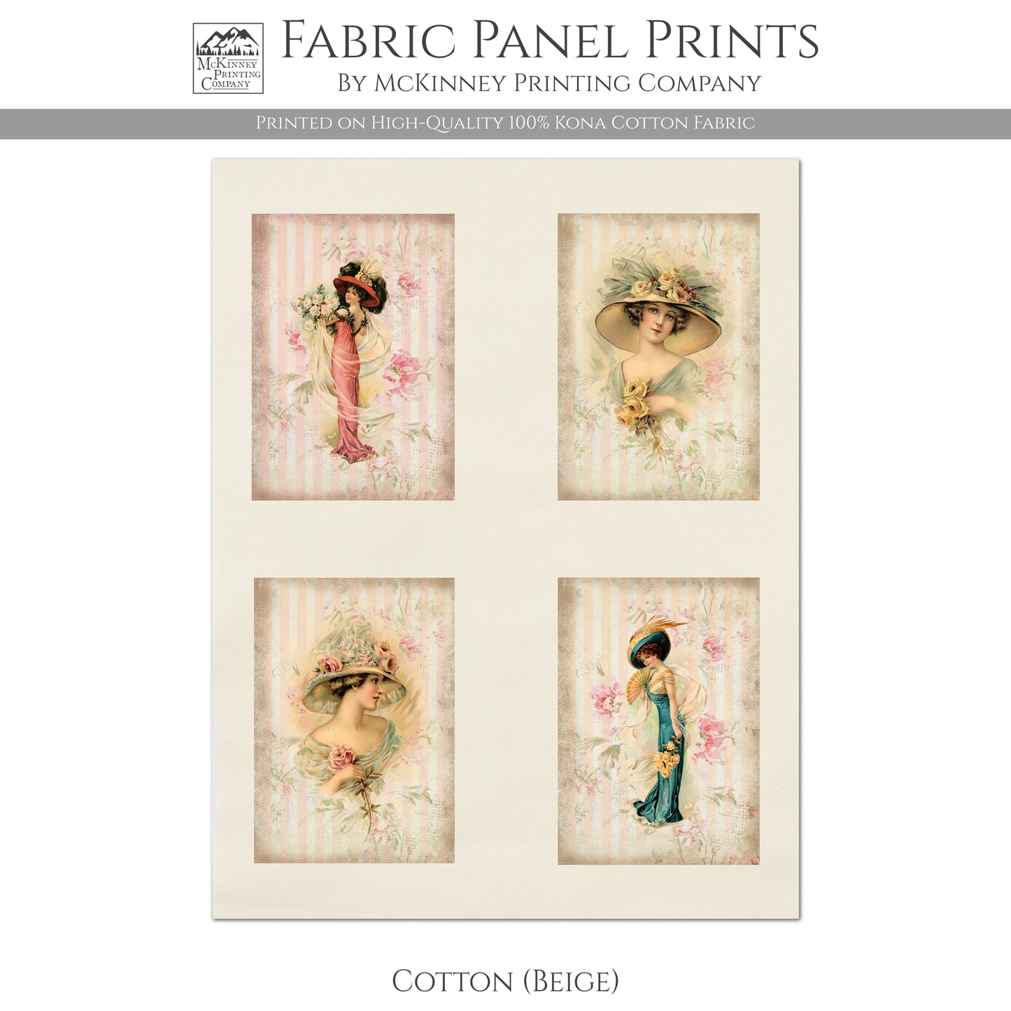 Victorian Prints, Woman in hat, Vintage Art, Fabric Panel Print - Cotton, Quilt Block