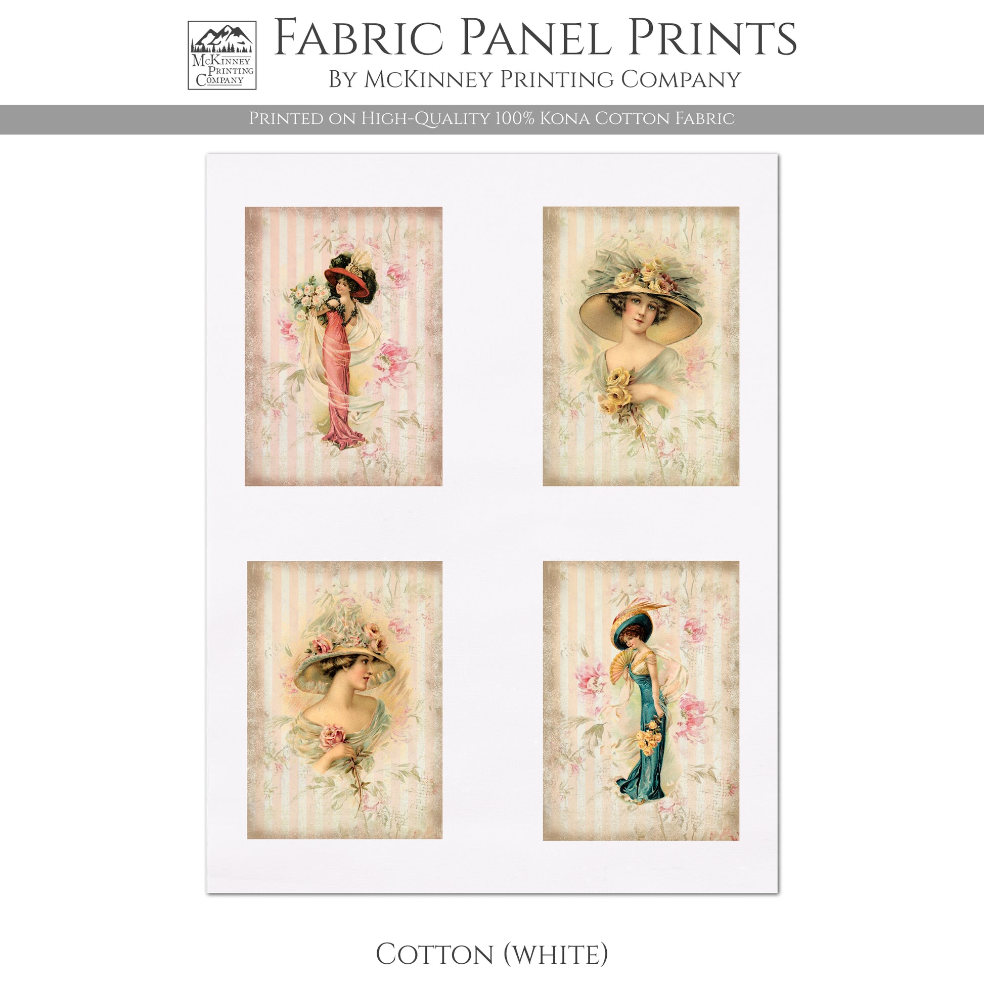 Victorian Prints, Woman in hat, Vintage Art, Fabric Panel Print - Cotton, White Quilt Block
