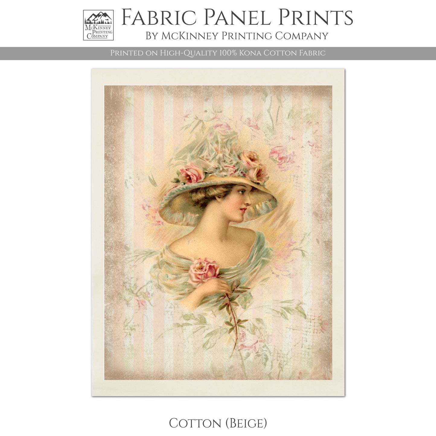 Victorian Art, Female Portrait, Woman in Hat, Fabric Panel Print - Cotton