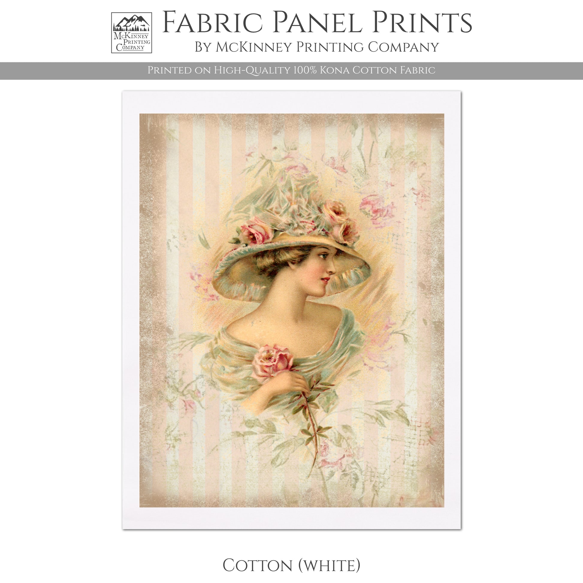 Victorian Art, Female Portrait, Woman in Hat, Fabric Panel Print - Cotton, White