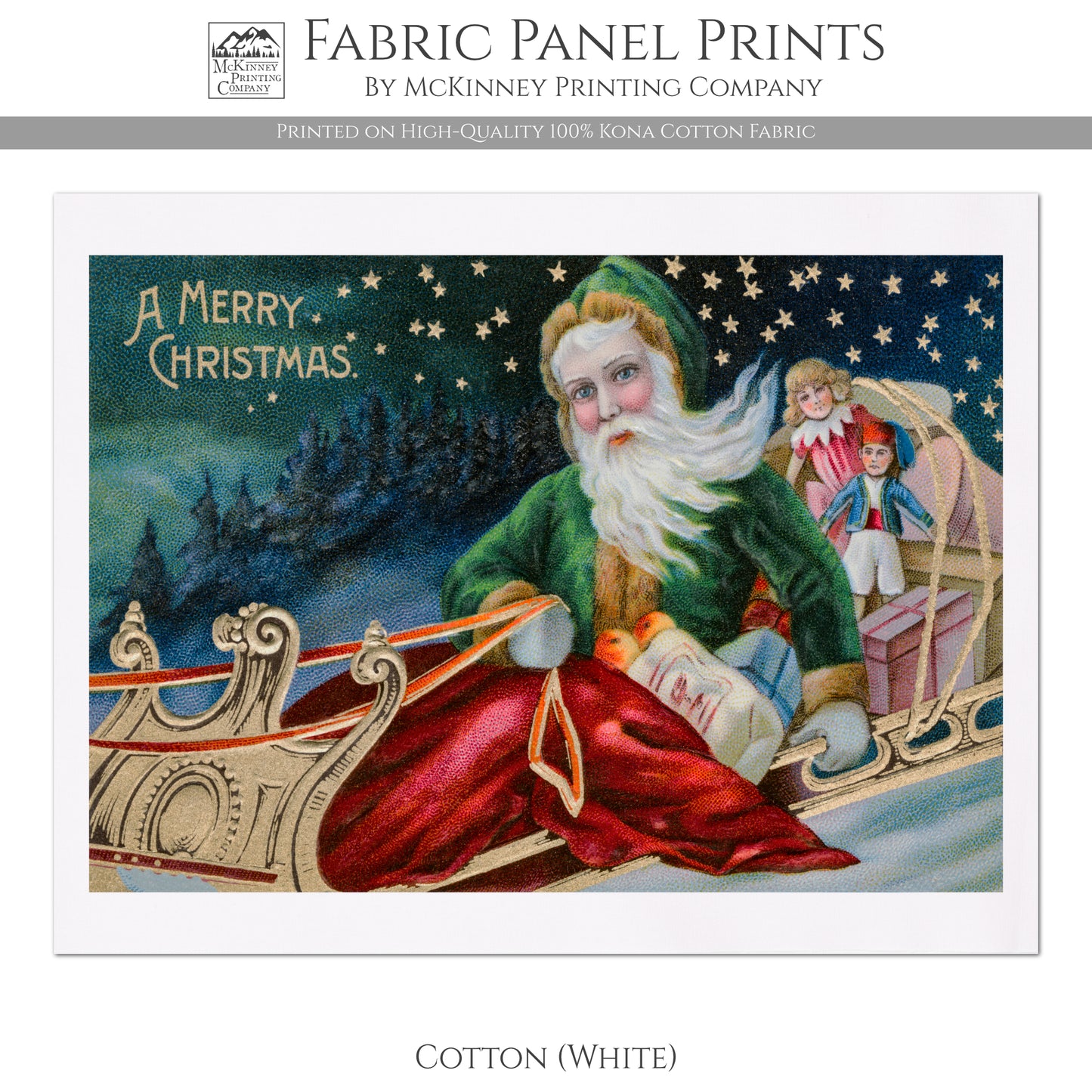 Victorian Santa, Vintage, Christmas Fabric Panel, Victorian Decor, Antique, Vintage, Fabric Panel Print - Kona Cotton, White