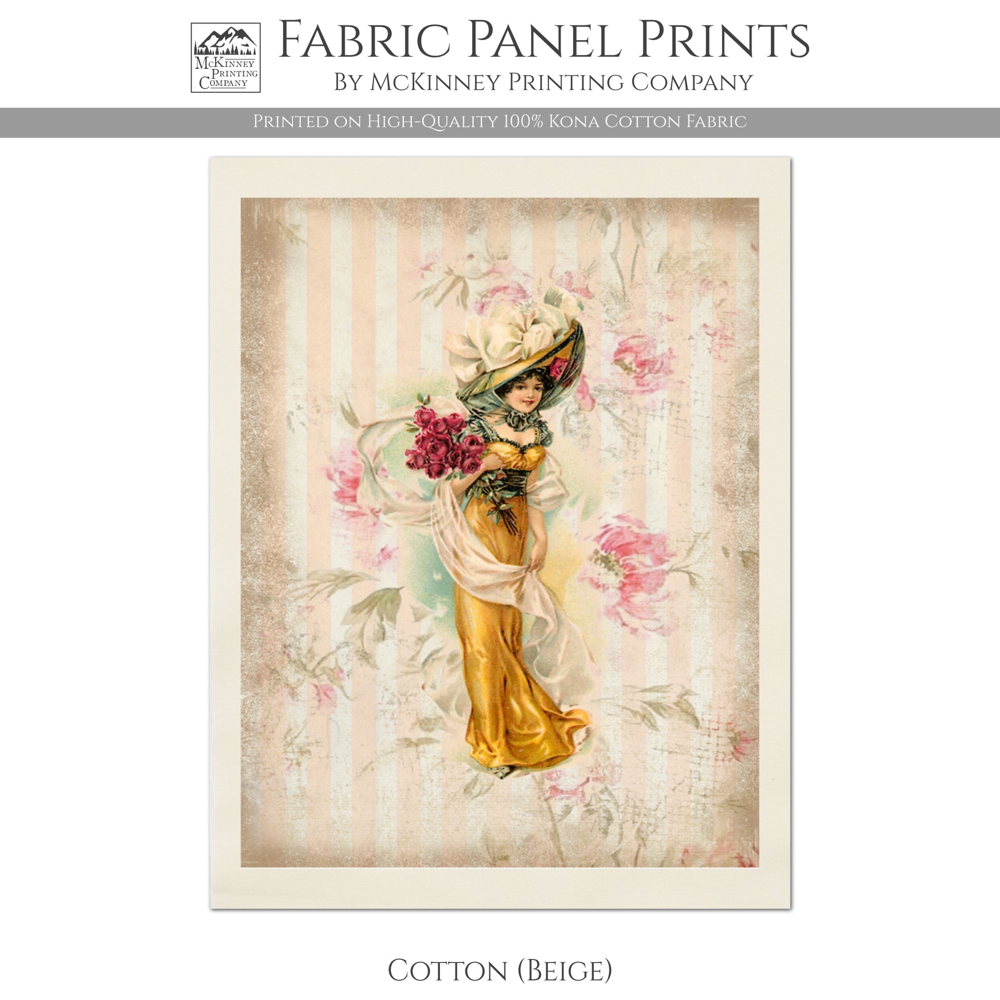 Woman in Victorian Dress with Hat, Vintage, Antique, Orange with French Floral Roses - Cotton
