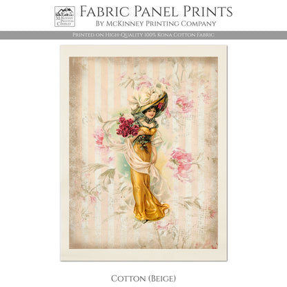 Woman in Victorian Dress with Hat, Vintage, Antique, Orange with French Floral Roses - Cotton