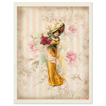 Woman in Victorian Dress with Hat, Vintage, Antique, Orange with French Floral Roses