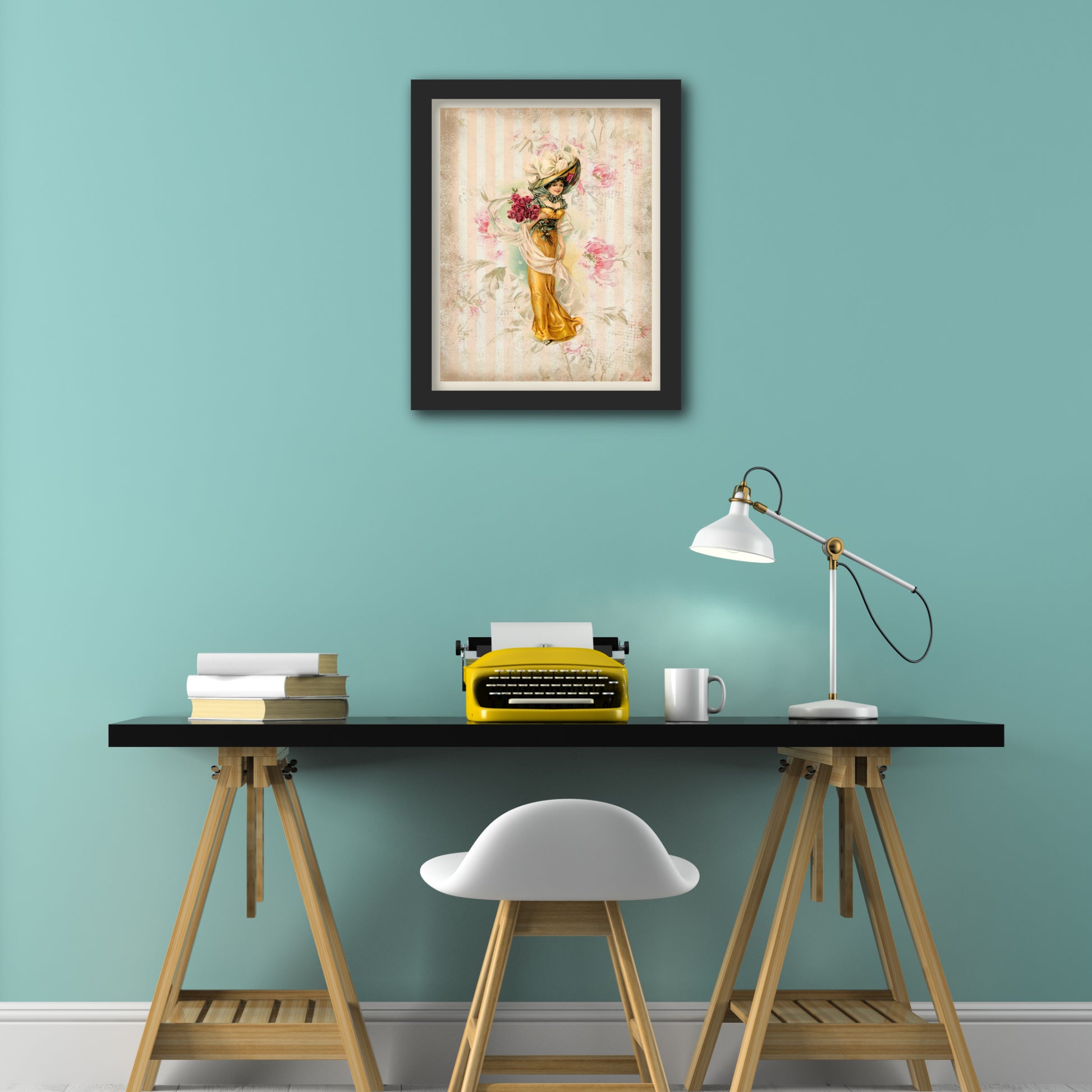 Woman in Victorian Dress with Hat, Vintage, Antique, Orange with French Floral Roses - Wall Art