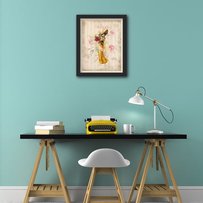 Woman in Victorian Dress with Hat, Vintage, Antique, Orange with French Floral Roses - Wall Art