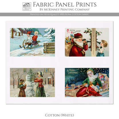 Christmas Fabric Prints, Victorian, Vintage, Santa, Children, Snowman - Kona Cotton, White
