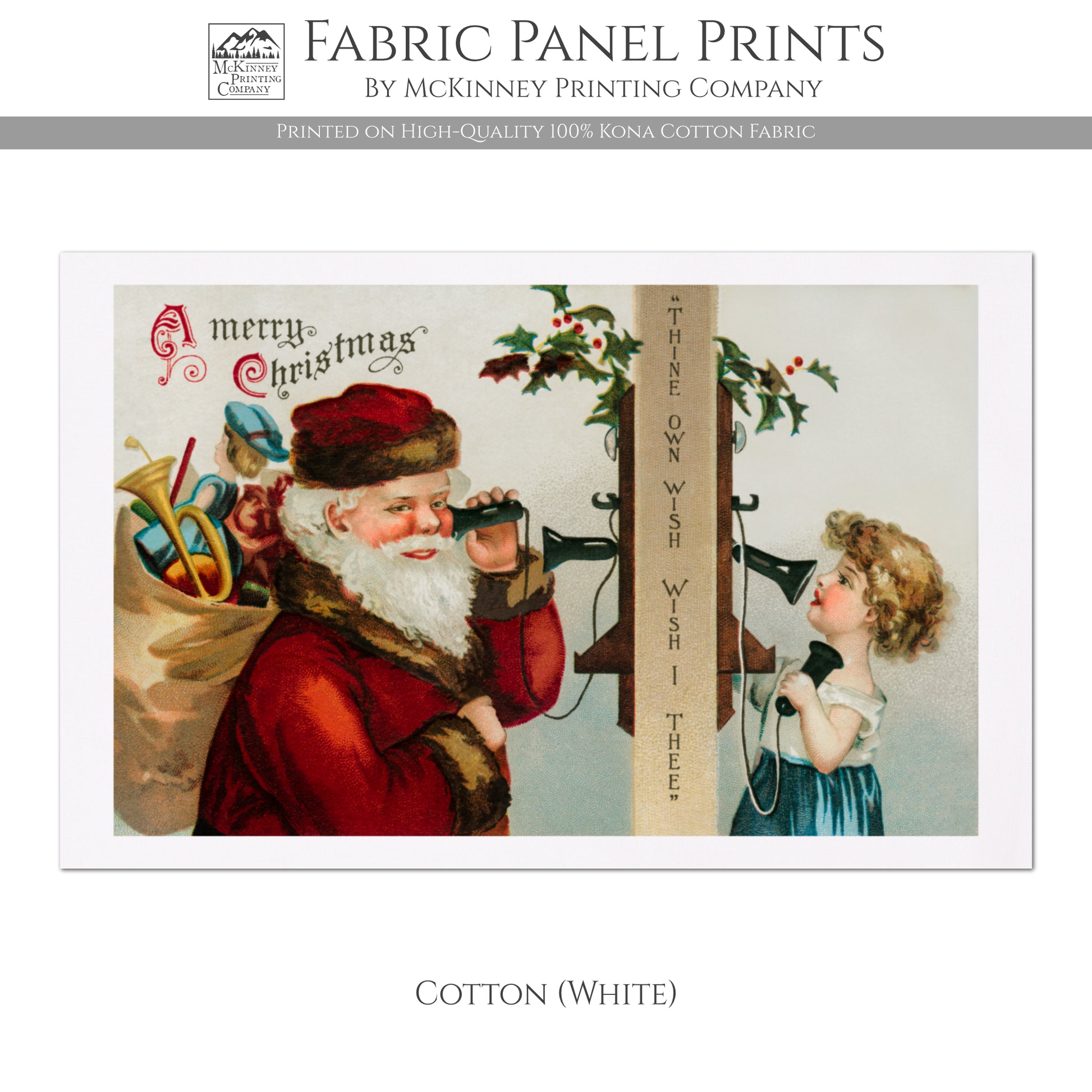 Vintage Santa, Christmas Fabric Panel, Victorian Decor, Antique, Vintage, Fabric Panel Print - Cotton, White