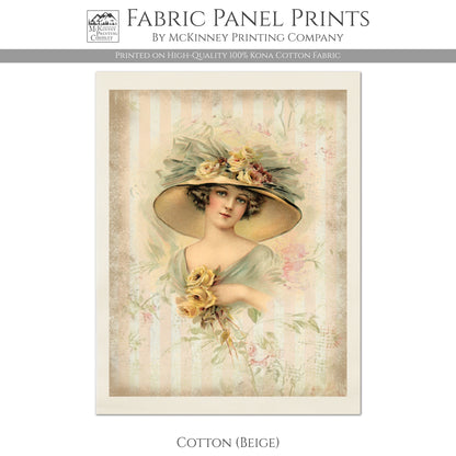 Woman in Victorian Dress with Hat, Vintage, Antique, Orange with French Floral Roses - Cotton