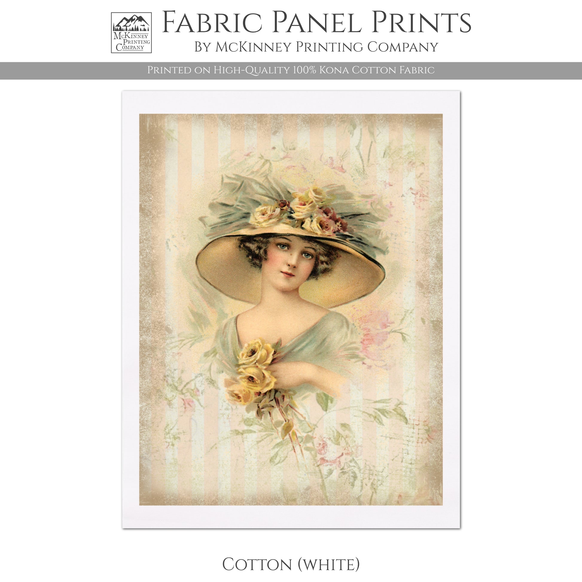 Woman in Victorian Dress with Hat, Vintage, Antique, Orange with French Floral Roses - Cotton, Quilt, White