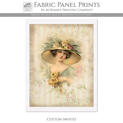 Woman in Victorian Dress with Hat, Vintage, Antique, Orange with French Floral Roses - Cotton, Quilt, White