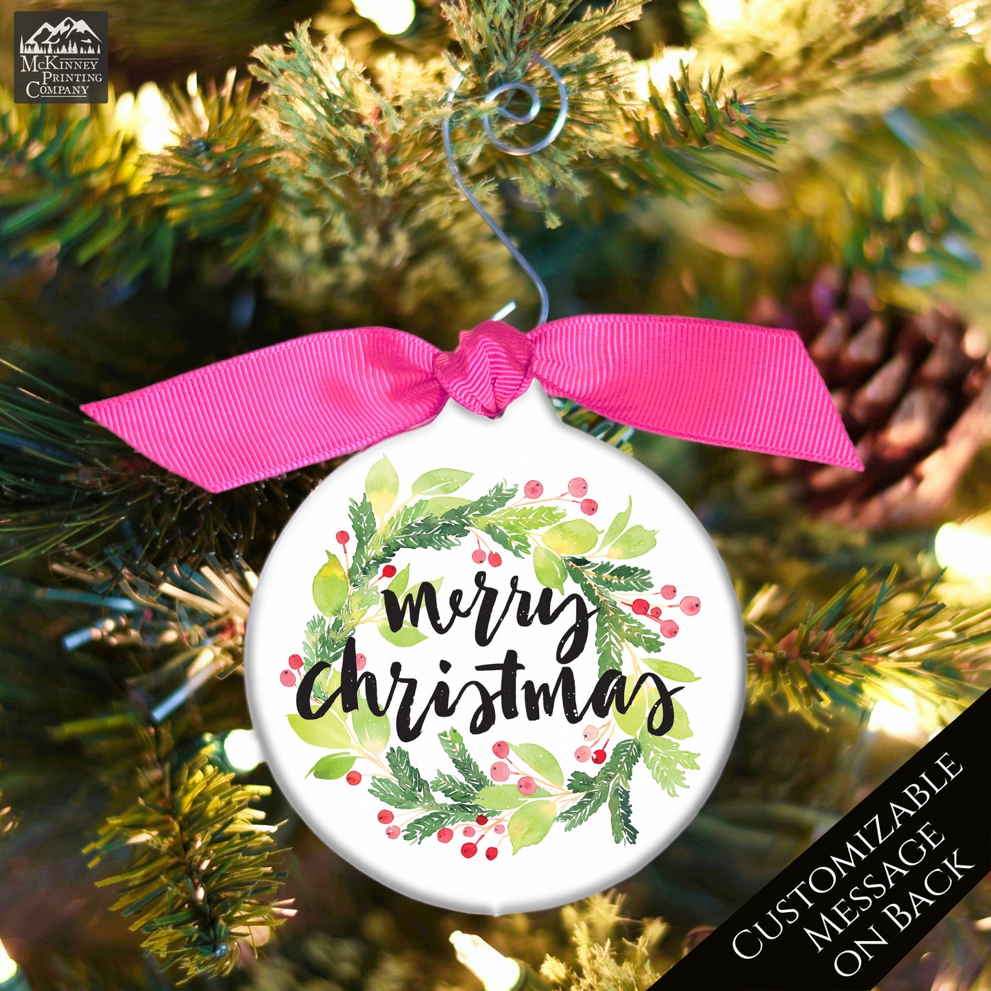 Watercolor Wreath - Christmas Ornament, Custom, Small Gift, Add-on