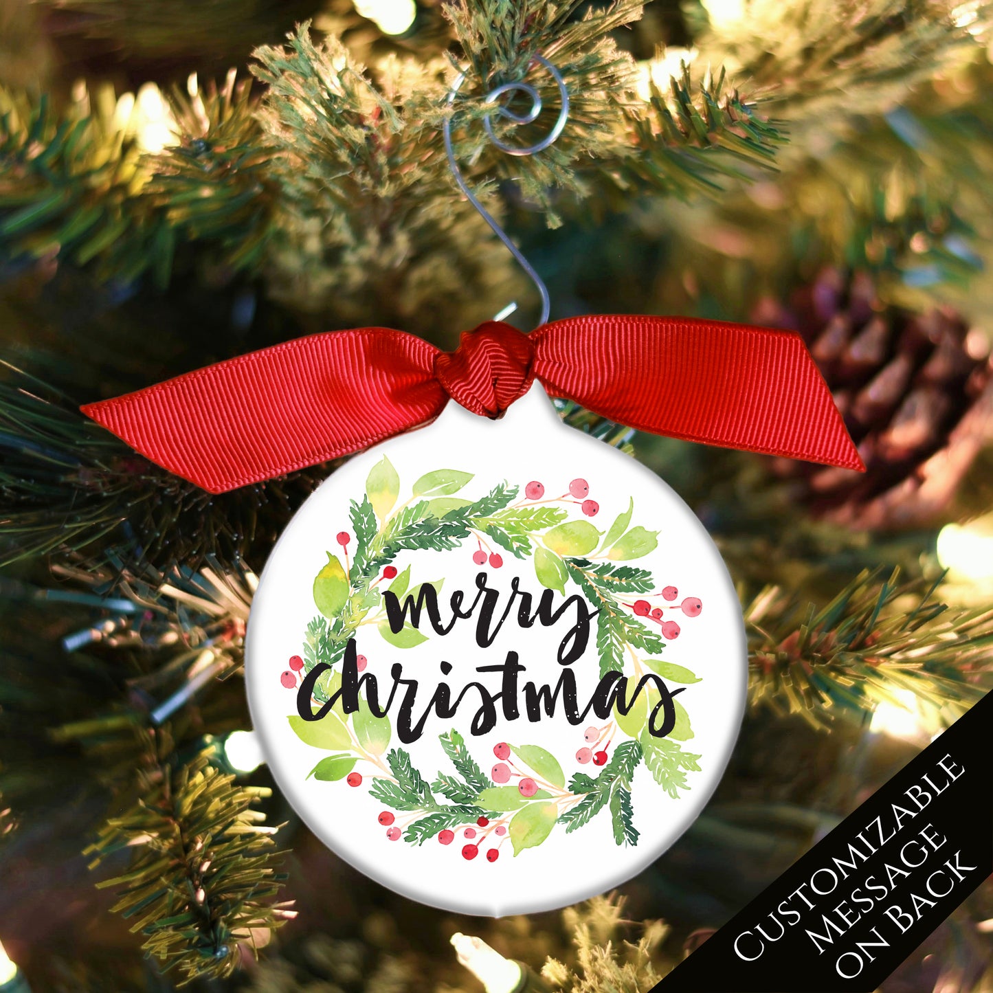 Watercolor Wreath - Christmas Ornament, Custom, Small Gift, Add-on