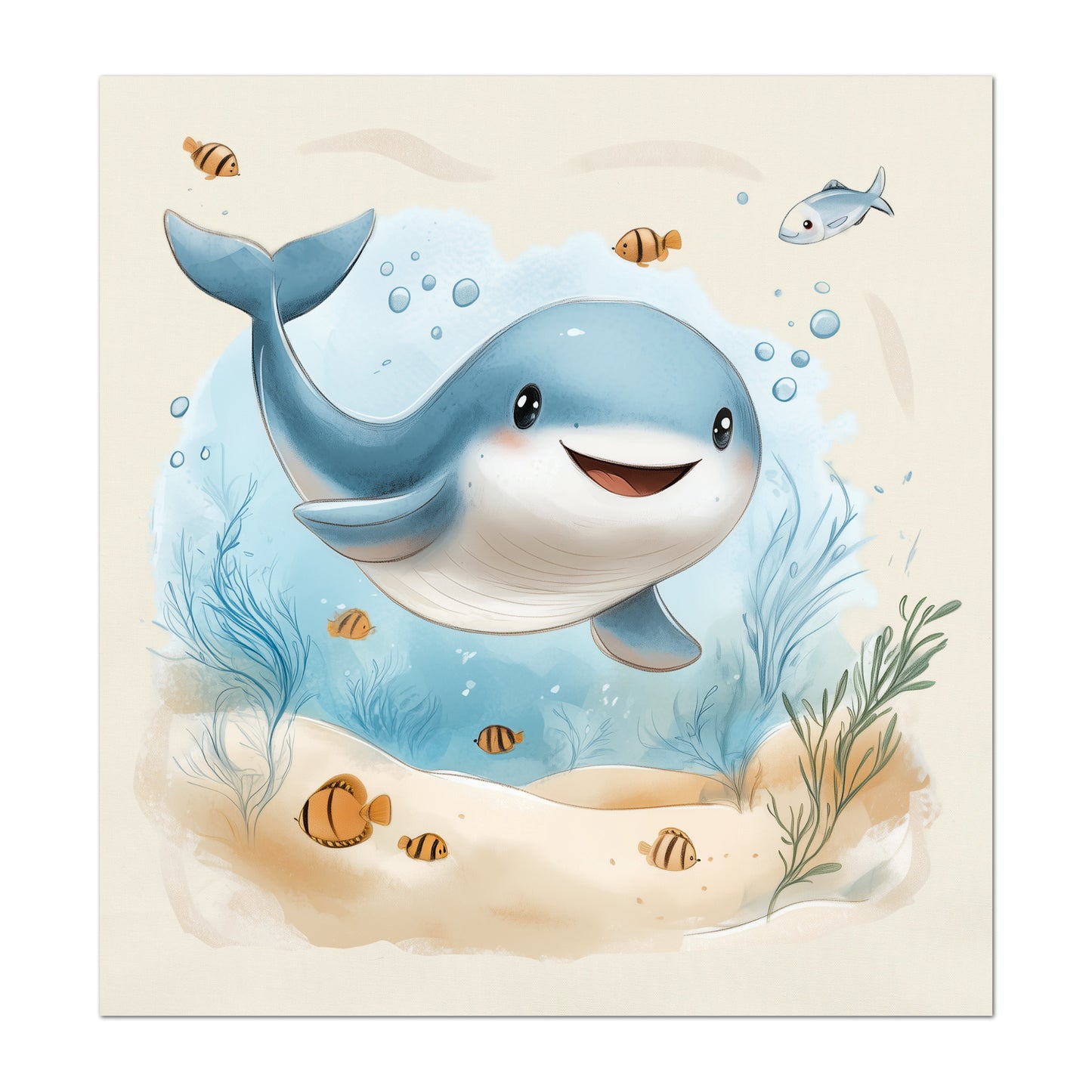 Whale Fabric - Baby Fabric Panels, Sea, Ocean, Boy, Blanket, Nursery Décor, Quilt Block, Cotton, Quilting