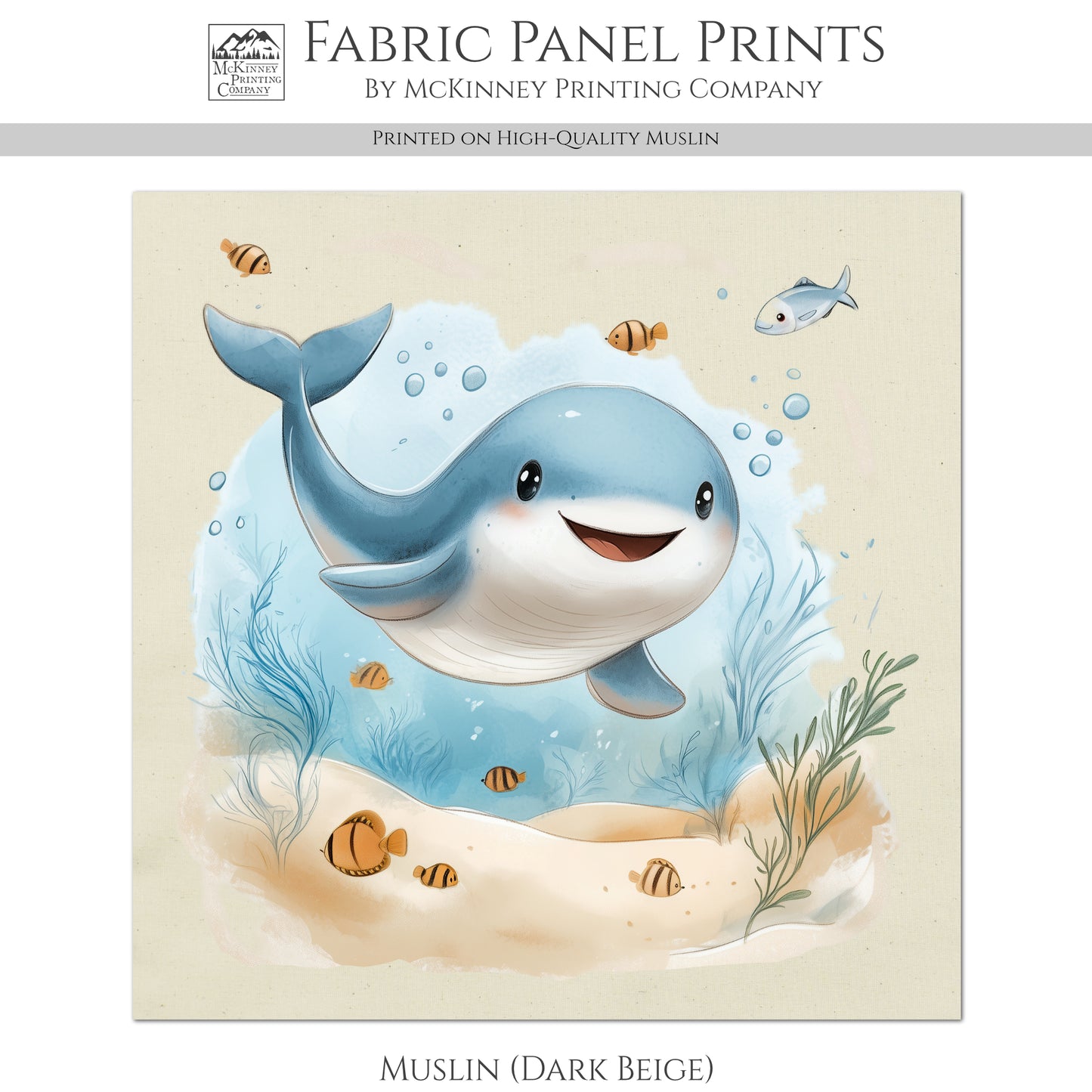 Whale Fabric - Baby Fabric Panels, Sea, Ocean, Boy, Blanket, Nursery Décor, Quilt Block, Cotton, Quilting