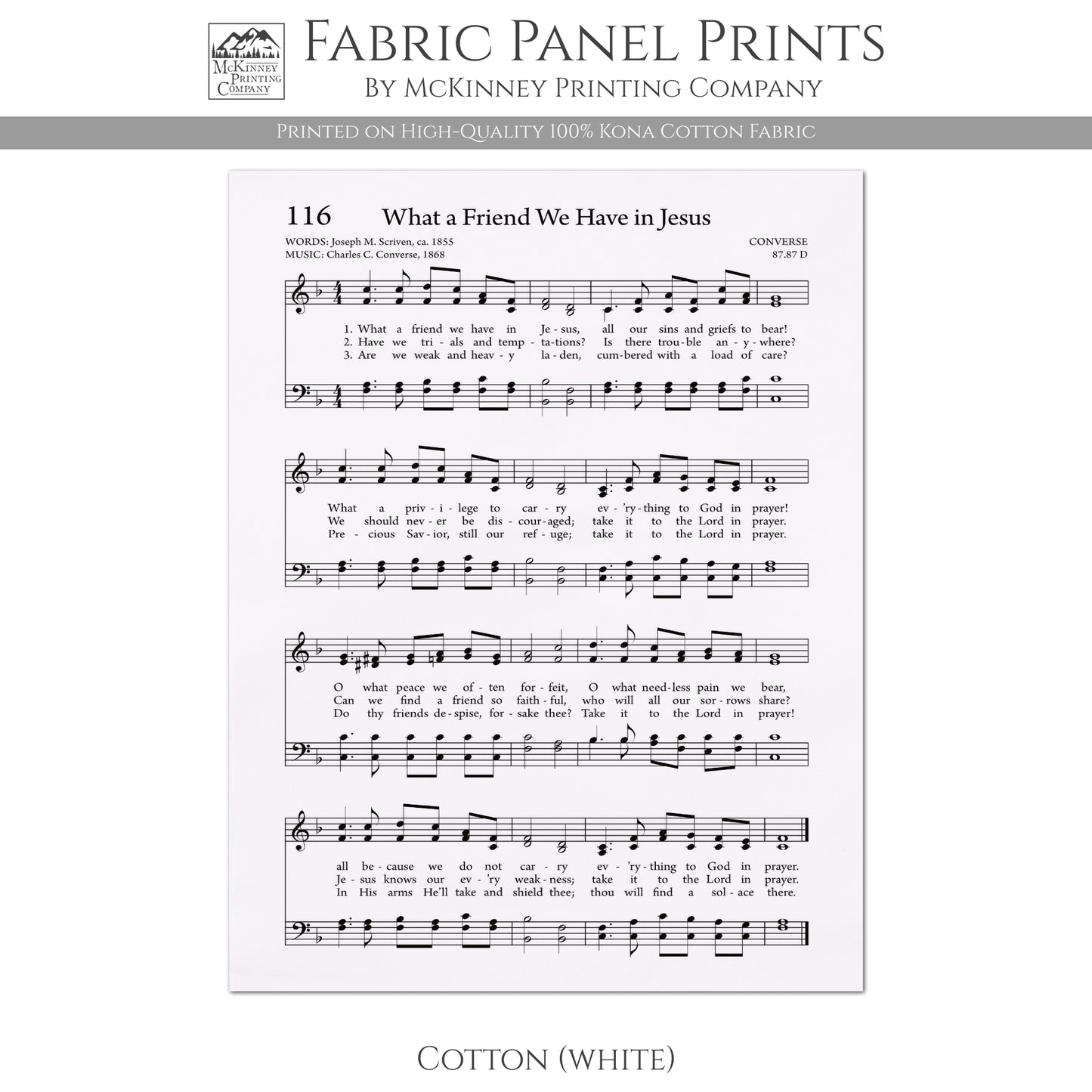 What a Friend We Have in Jesus - Christian Fabric, Religious, Hymn Wall Art, Vintage Sheet Music, Quilting, Quilt, Cotton, Sewing, Cotton