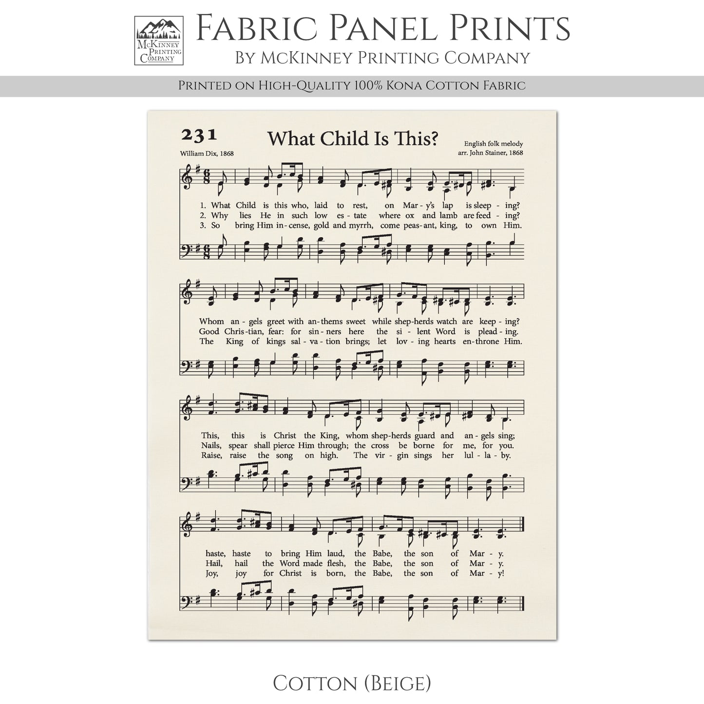 What Child Is This - Christian Fabric, Religious, Hymn Wall Art, Vintage Sheet Music, Choral, Piano, Quilting, Quilt, Cotton, Sewing, Cotton