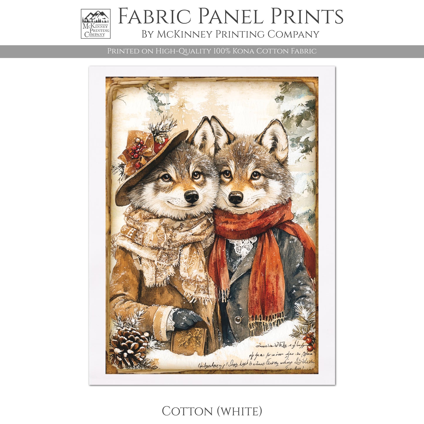 Dog Fabric Panel - Christmas Fabric Panel, Wolf Fabric, Décor, Quilt Block, Cute, Cotton, Quilting, Animal, Wall Art, Holiday