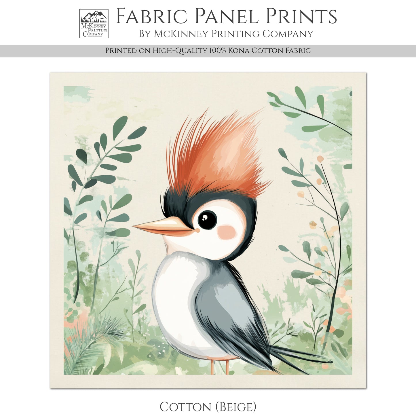 Woodpecker - Woodland Animal Fabric, Baby Fabric Panels, Forest, Nursery Décor, Quilt Block, Wall Art, Cotton, Quilting