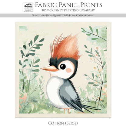 Woodpecker - Woodland Animal Fabric, Baby Fabric Panels, Forest, Nursery Décor, Quilt Block, Wall Art, Cotton, Quilting