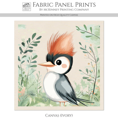 Woodpecker - Woodland Animal Fabric, Baby Fabric Panels, Forest, Nursery Décor, Quilt Block, Wall Art, Cotton, Quilting