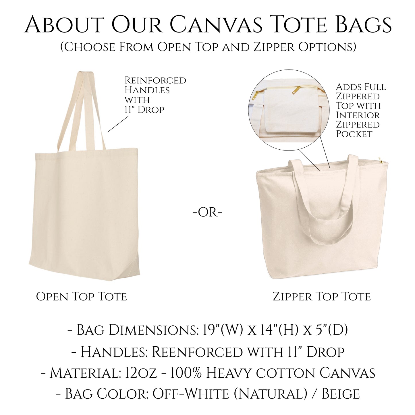 Canvas Tote Bags, Zipper Tote Bag, Large Tote Bag