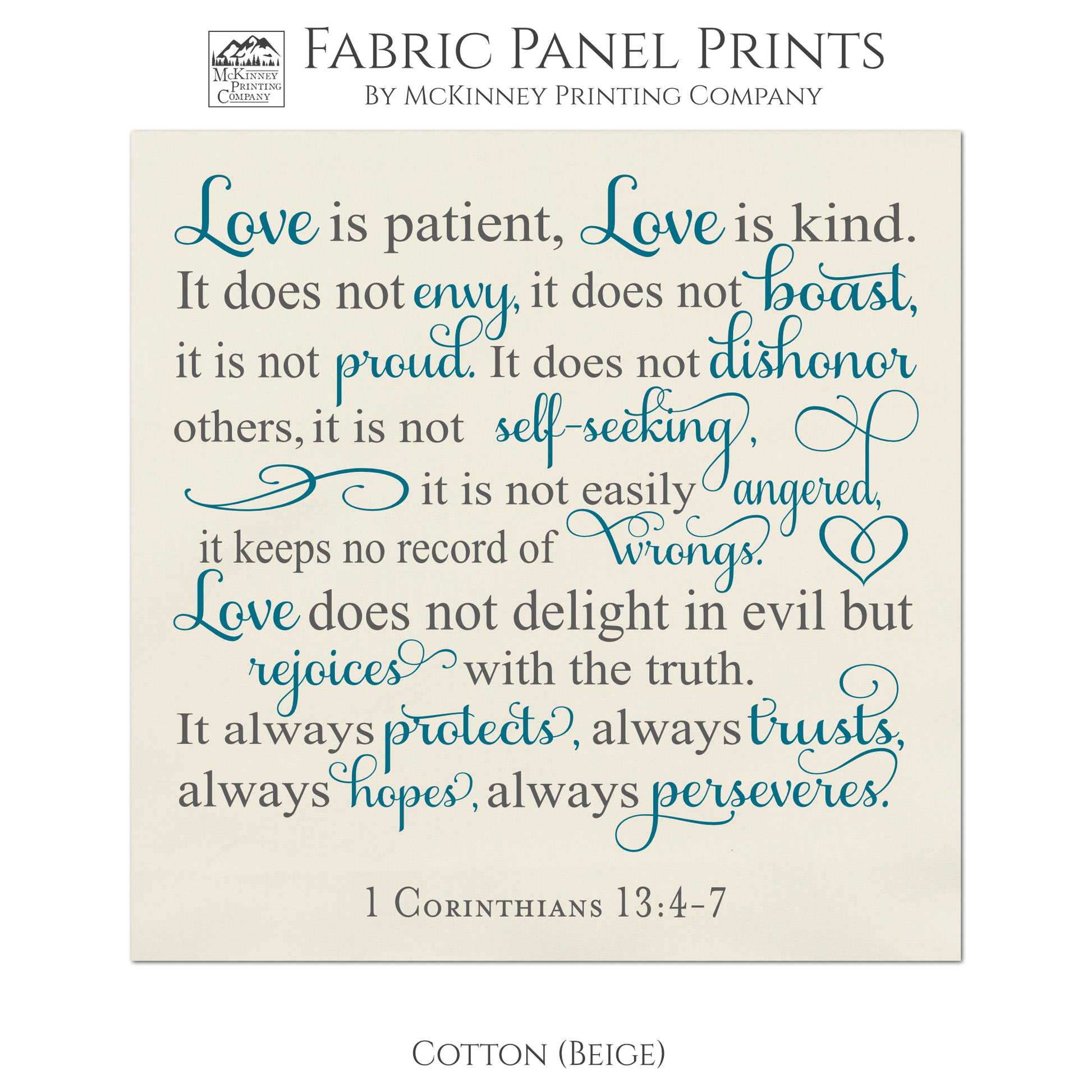 1 Corinthians 13, 4-7, Love is Patient, Love is Kind, Fabric Panel for Quilting, Sewing or Wall Art - Cotton, Beige