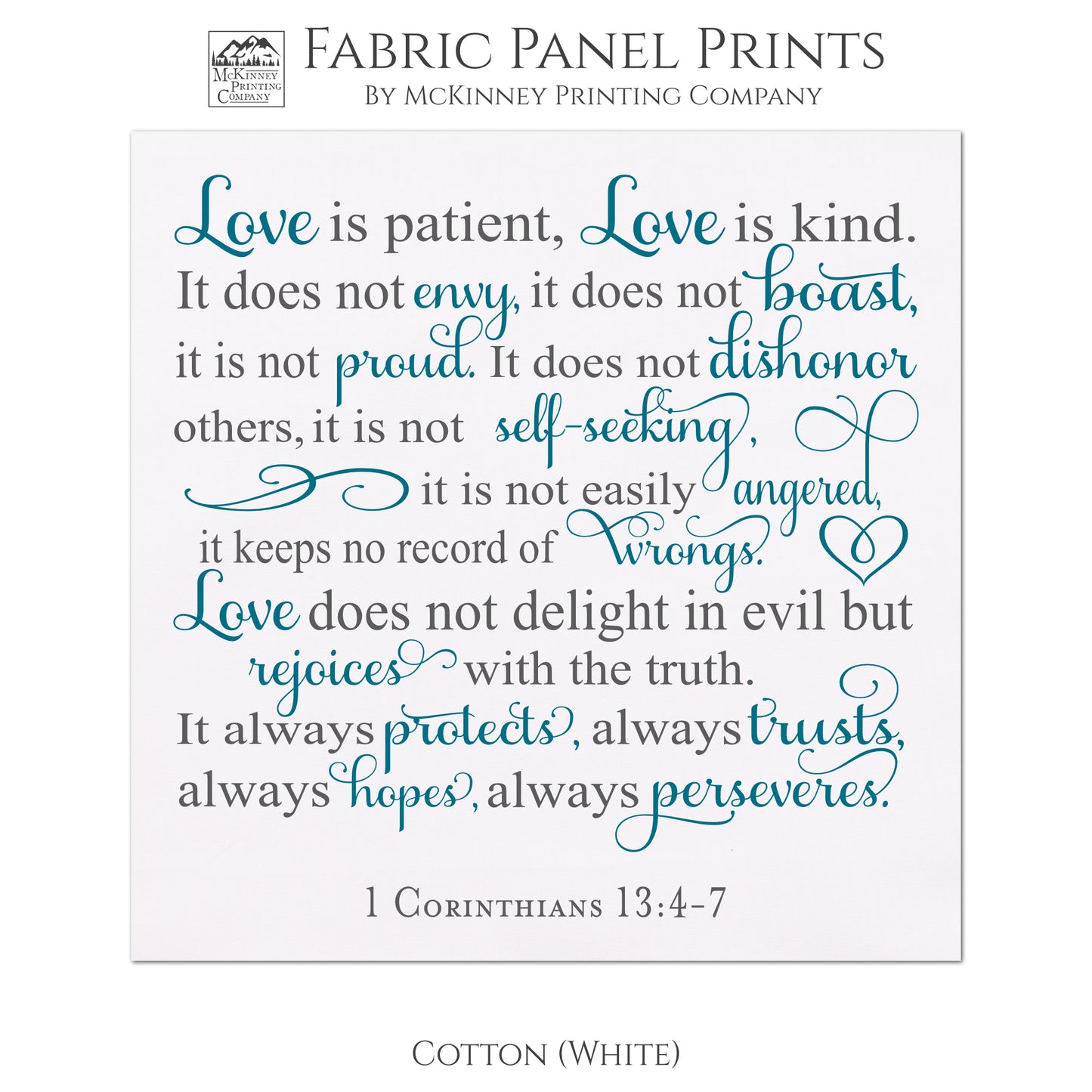 1 Corinthians 13, 4-7, Love is Patient, Love is Kind, Fabric Panel for Quilting, Sewing or Wall Art - Cotton, White