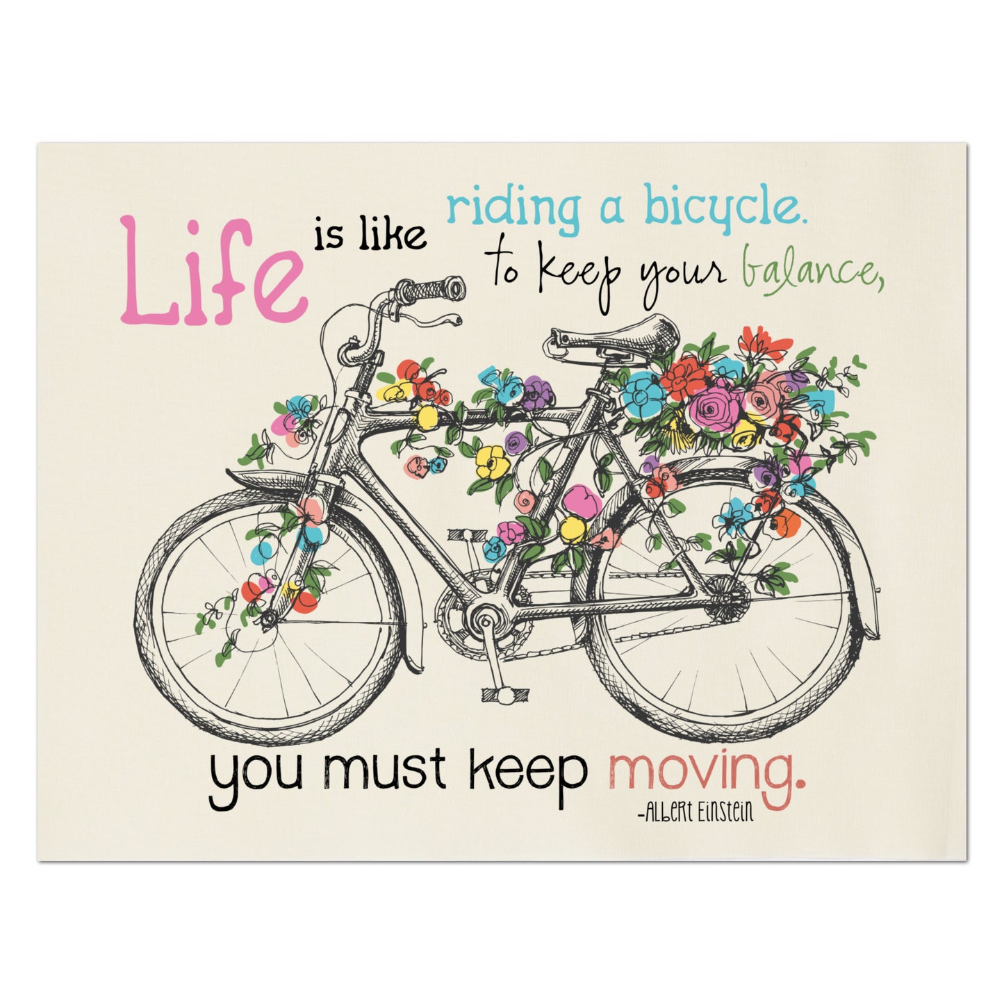 Inspirational Fabric - Albert Einstein Quotes About Life, Cotton Quilt Block, Wall Art, Bike and Flowers - Life is like riding a bicycle.  To keep your balance, you must keep moving.