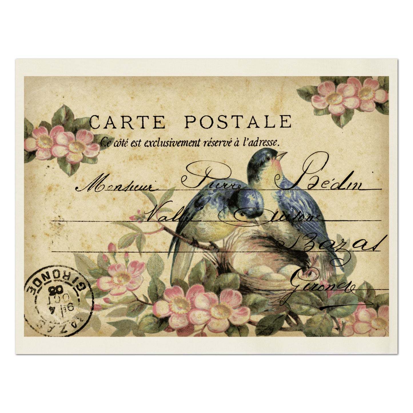 Antique French Fabric, Blue Bird, Shabby Chic Fabric, Vintage, Post Card