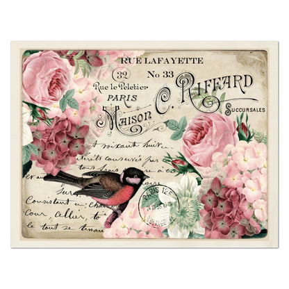 Antique French Fabric, Shabby Chic Fabric, Rose, Bird, Vintage, Post Card