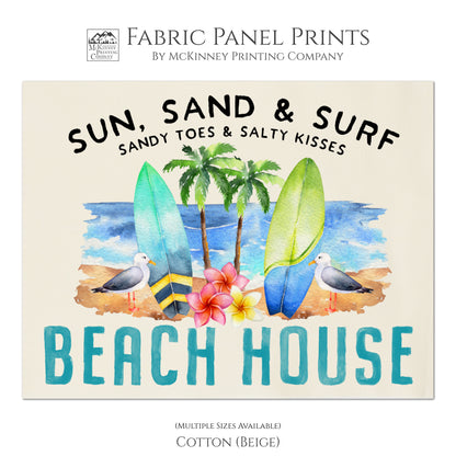Beach Fabric - Beach House, Summer Watercolor Print, Small | Large Quilt Block, Wall Art, Surfboard - Cotton