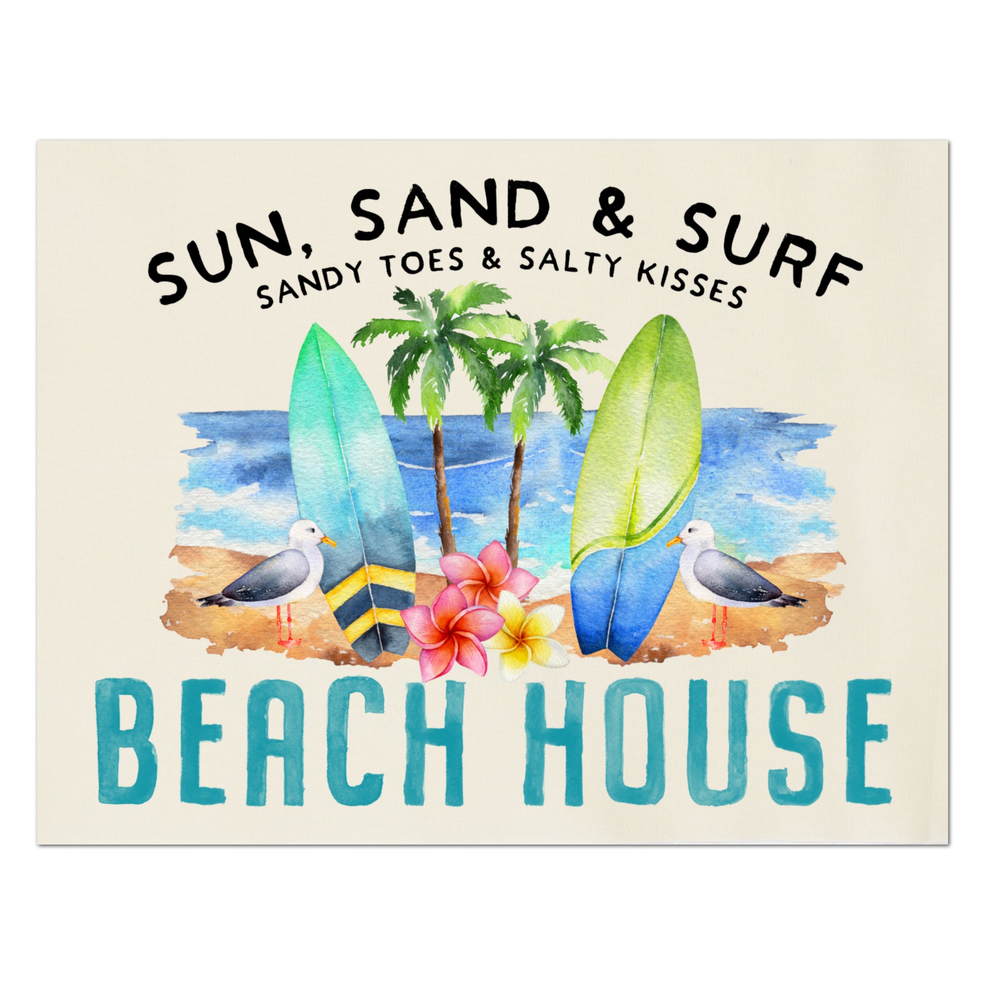 Beach Fabric - Beach House, Summer Watercolor Print, Small | Large Quilt Block, Wall Art, Surfboard 