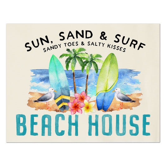 Beach Fabric - Beach House, Summer Watercolor Print, Small | Large Quilt Block, Wall Art, Surfboard 