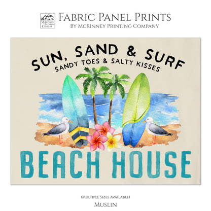 Beach Fabric - Beach House, Summer Watercolor Print, Small | Large Quilt Block, Wall Art, Surfboard - Muslin