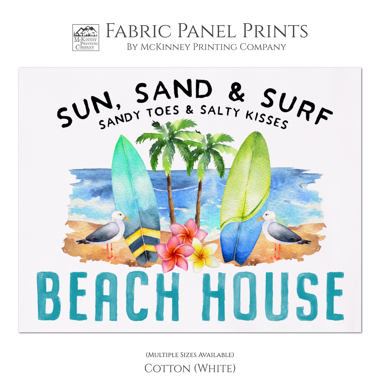 Beach Fabric - Beach House, Summer Watercolor Print, Small | Large Quilt Block, Wall Art, Surfboard - Cotton, White
