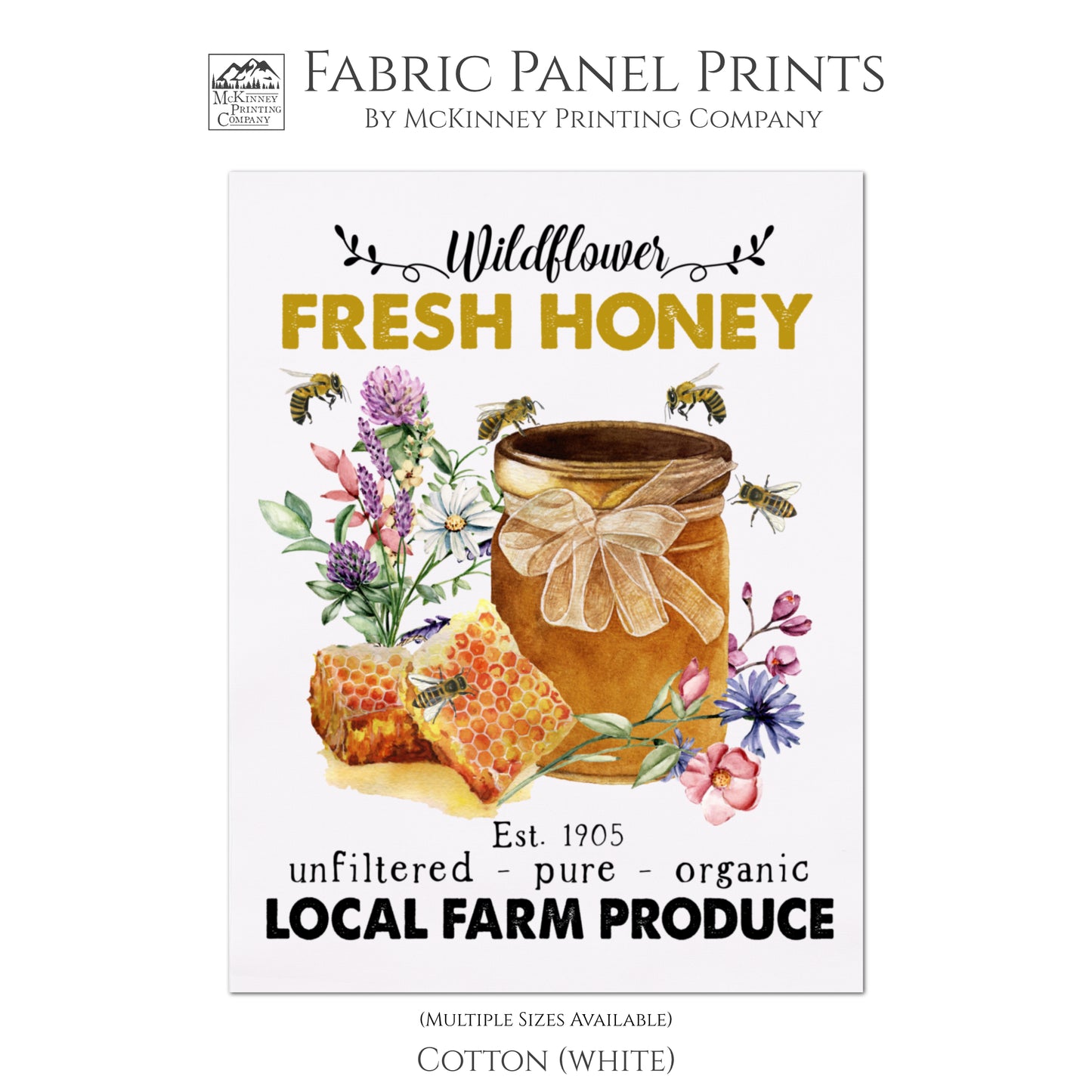 Honey Bee Fabric Panel, Farmers Market, Quilt Block, Fabric Panel Print, For Pillows, Towels, Wall Art, Sewing Crafts - White