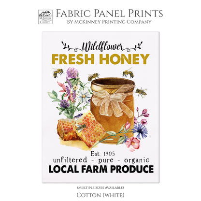 Honey Bee Fabric Panel, Farmers Market, Quilt Block, Fabric Panel Print, For Pillows, Towels, Wall Art, Sewing Crafts - White