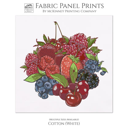 Strawberry, Blueberry, Raspberry, Blackberry Fabric - Farmhouse, Farm, Quilt Block, Sewing Supplies, Materials  - Cotton, White