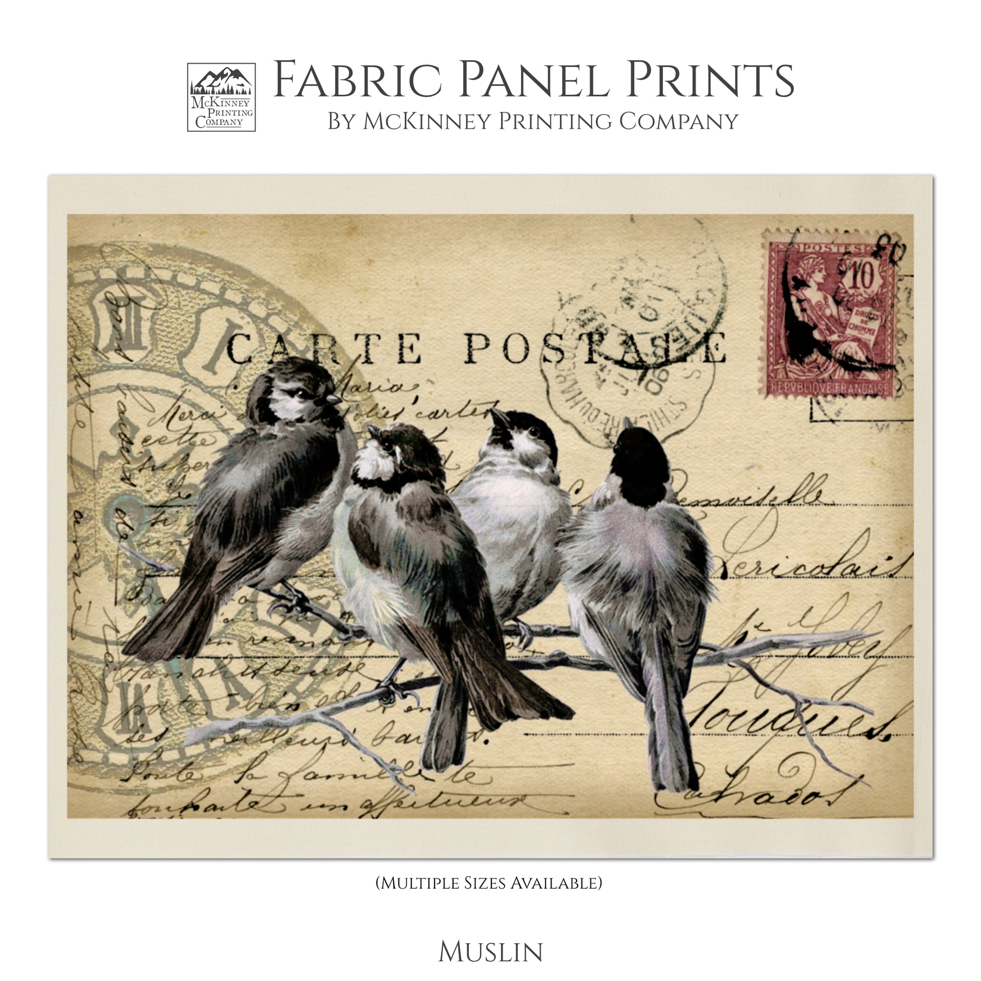 Bird Print Fabric, Shabby Chic Fabric, Vintage, Post Card, French