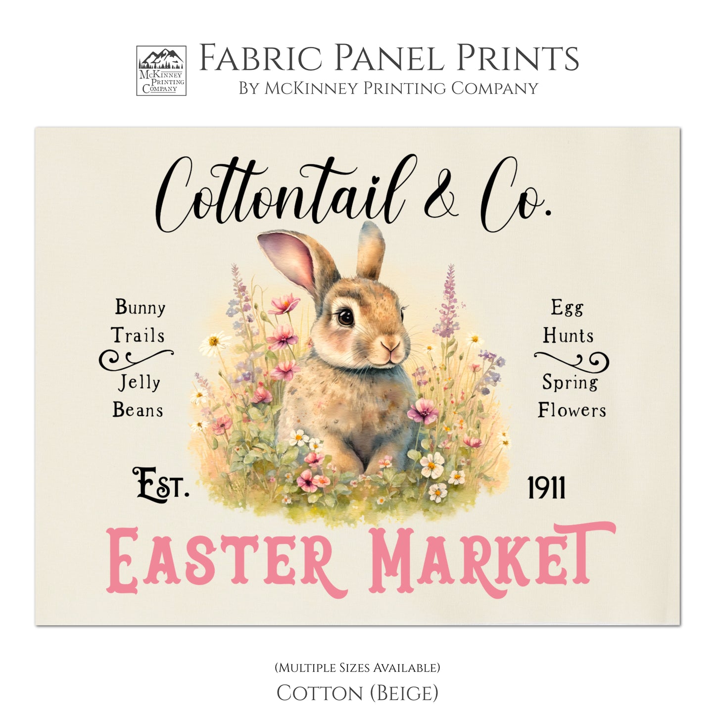 Bunny Fabric - Easter, Rabbit Decor, Floral, Quilt Block Panel, Print, Wall Art, Quilt - Cotton